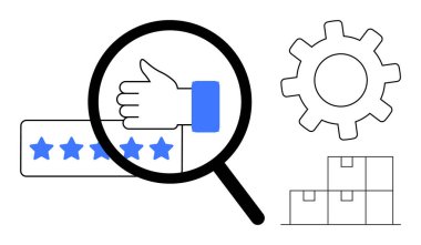 Baş parmaklar ve yıldızların üzerinde büyüteç, işlem için vitesler, ürünler için istiflenmiş kutular. İş kalitesi, müşteri memnuniyeti, e-ticaret, lojistik, derecelendirme, işlemler için ideal