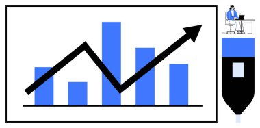 İş büyümesi konsepti. Grafikli iş büyümesi, yükselen eğilim ve stratejik planlama için çalışma alanı unsurları. İş büyüme araçları, analitikler, sunumlar, eğilimler, mali planlama