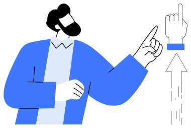 Yukarıya bakan adam, gelişmeyi ve ilerlemeyi soyut ok ve parmak grafiğiyle sembolize ediyor. Yenilik, liderlik, motivasyon, başarı, iş geliştirme, kariyer büyümesi için ideal