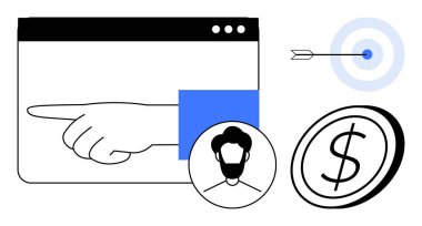 Web sayfasını işaret eden el hareketi, kullanıcı profili simgesi, dolar işareti, ve ok işaretli hedef, odaklanma, çevrimiçi iş, kullanıcı hedefleme, satış stratejisi markalaşması. Dijital için ideal