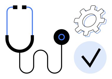 Stetoskop, dişli ve kontrol işareti sağlık hizmetini, teşhisi, yeniliği, onayı ve güvenilirliği simgeliyor. Tıbbi ve teknolojik sağlık hizmetleri için ideal analitik ilerlemeyi onaylıyor
