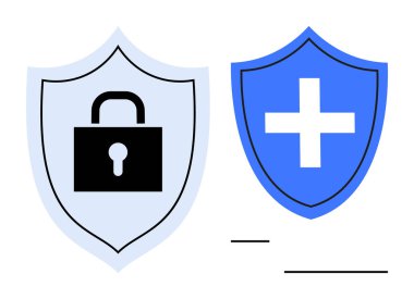 Kalkanlardaki asma kilit ve çapraz semboller siber güvenlik ve sağlık korumasını iletir. Güvenlik, mahremiyet, sağlık, teknoloji, antivirüs, dijital güvenlik ve güvenilir hizmetler için idealdir. Basit düz