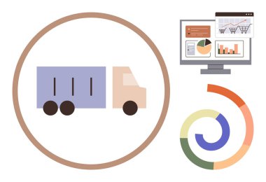 Bir dairenin içinde teslimat kamyonu ikonu, monitörde analiz çizelgeleri ve renkli dairesel bir diyagram. Lojistik, tedarik zinciri, veri yönetimi, e-ticaret, iş büyümesi, ulaşım için ideal