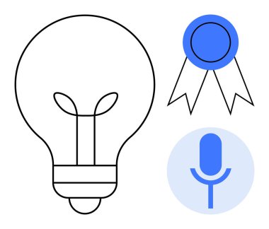 Yenilik için ampul, başarı için kurdele ve konuşma için mikrofon. Yaratıcılık, liderlik, motivasyon, iletişim, eğitim takım çalışması stratejisi için idealdir. Basit düz