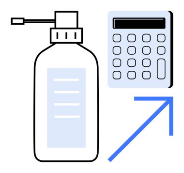 Pompa şişesi ve yükselen okla birlikte hesap makinesi finansal büyüme, hijyen ve başarıya işaret ediyor. İş, finans, sağlık, hijyen, üretkenlik, ilerleme ve basit daire için ideal