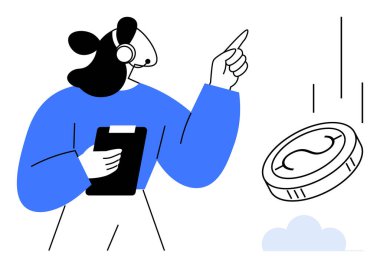 Kulaklık ve not panosu olan kadın, madeni parayı, danışmanlık, yatırım, karar verme, müşteri desteği, hizmet, para yönetimi metaforu olarak gösteriyor. Modern düz sanat tarzı