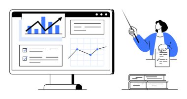 Grafik çizelgeleri, bilgisayar ekranındaki sunum slaytları, elinde kağıtlar ve dizilmiş kitaplarla elinde sopayla işaret eden kişi. İş için ideal, analitik, öğretim, veri sunum eğitimi