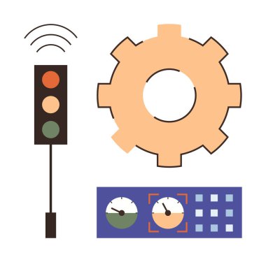 Kablosuz sinyali olan trafik ışığı, otomasyonu gösteren vites ve şebeke ve göstergeli kontrol paneli. Teknoloji, yenilik, mühendislik, akıllı şehir, otomasyon, ulaşım iş akışı için ideal