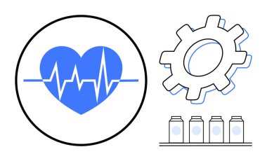 Kalp atışı çizgisi, vites sembolü ve takviye kavanozu olan mavi kalp. Sağlık, teknoloji, sağlık takibi, tıbbi yenilik, fitness, sağlık destek endüstrisi için idealdir. Basit düz metafor.