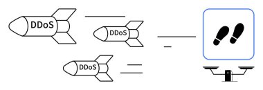 Bir sunucu ve ölçek sembolünün yanındaki bir ayak izi simgesini hedef alan DDoS etiketli çoklu füzeler. Siber güvenlik, ağ koruması, teknoloji riskleri, hackleme, çevrimiçi tehditler, veri ihlalleri için ideal