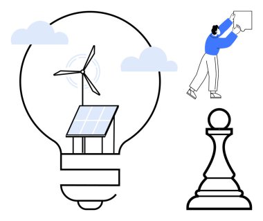 Yenilenebilir enerji teması. Güneş panelleri, rüzgar türbinleri ve stratejik sembollerle yenilenebilir enerji. Yenilenebilir enerji sürdürülebilirliği, yaratıcılığı ve çevreyi korumayı destekler. Yeşil için