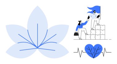 Soyut çiçek, takım çalışması figürleri tırmanış blokları, kalp atışı çizgisi olan kalp. Liderlik, sağIık, büyüme, birlik, ilerleme sağIık farkındalığı için ideal. Basit düz metafor