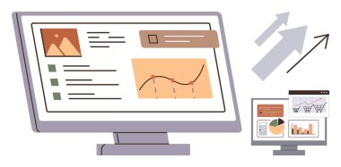 Veri analizi için grafikleri, grafikleri ve analizleri gösteren masaüstü ekranı. İş, teknoloji, pazarlama, araştırma, büyüme performansı ve sunum için ideal. Basit düz metafor