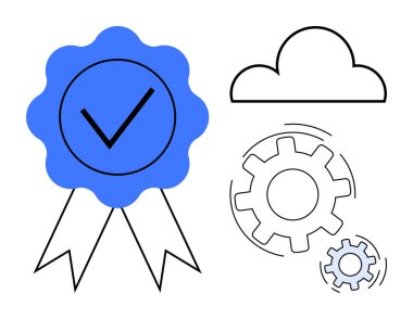 Üzerinde işaret olan mavi sertifika rozeti, hareket halindeki vites simgeleri ve bulut çizgisi. Teknoloji, kalite güvencesi, yenilik, bulut hizmetleri, süreç otomasyonu, güvenilirlik işi için ideal