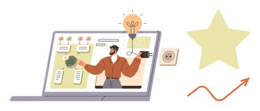 Profesyonel fikirlerle dizüstü bilgisayar ekranında akış şeması. Yaratıcılık, eğitim, strateji, yenilik, iş dünyası, üretkenlik, takım çalışması için ideal. Basit düz bir metafor.