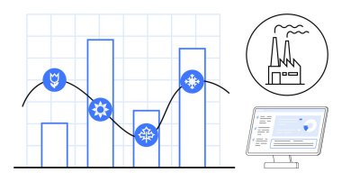 Baro grafiğinde mevsimlik simgeler, endüstriyel tesis ve analitik gösteren bilgisayar ekranı grafiği. İş analizi, üretim planlaması, sürdürülebilirlik, teknoloji ve sanayi eğilimleri için ideal