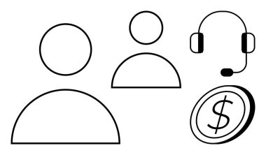 Kullanıcı avatarları, müşteri hizmetlerini temsil eden kulaklıklar ve finansal işlemleri gösteren madeni paralar. İletişim, çevrimiçi ticaret, hizmet, finans, takım çalışması, ticaret ve destek sistemleri için ideal