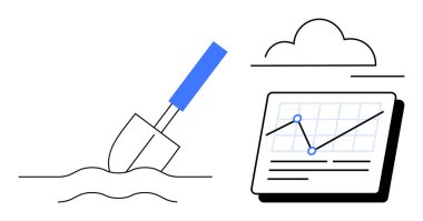 Bulutun altındaki tabletteki grafiğin yanındaki toprağı kazın. İlerleme takibi, veri içgörüleri, altyapı, iş büyümesi, araştırma, analitik ve yenilik için ideal. En az düz metafor