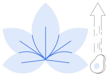 Merkezi çizgileri olan soyut mavi çiçek yukarı doğru ok ve büyümeyi gösteren organik şekil. Gelişim için ideal, doğa, enerji, yenilenme, kişisel gelişim başarı yeniliği. Basit düz