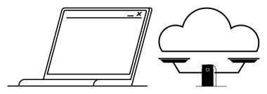 Pul üzerinde dengeli bulutların yanında açık pencere arayüzü olan dizüstü bilgisayar, yerel ve bulut depolama arasında seçimler görselleştiriyor. Teknoloji, bulut hesaplama, karar verme, denge ve minimalizm için ideal