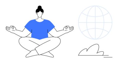 Bacak bacak üstüne atmış meditasyon yapan bir kadın, elleri Zen Mudra 'da, arka planda dünya ve yanında küçük bir bitki. Farkındalık, sağlık, rahatlama, küresel uyum, iç huzur, akıl sağlığı için idealdir.