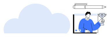 Bulut grafiği insan figürü ile eşleştirildi. Video çağrısı, fikirleri temsil eden kalem. Bulut depolama, işbirliği, başarılar, iletişim, uzak çalışma, üretkenlik, ağ oluşturma için ideal