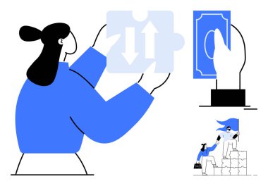 Elinde oklarla yapboz parçası tutan bir kadın, el pas tasarısı, basamakları tırmanmaya yardım eden biri. Takım çalışması, işbirliği, problem çözme, yardım, başarı ticaret ortaklıkları için ideal. Basit düz