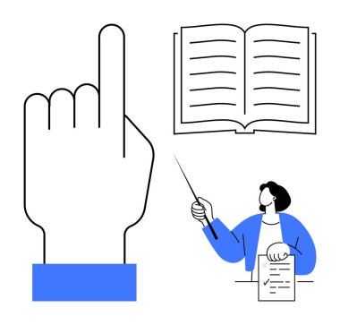 Yukarı bakan bir el, açık bir kitap ve açıklarken işaret tutan bir kişi. Eğitim, öğrenme, öğretim, rehberlik, odak bilgi veya eğitim için idealdir. Basit düz metafor