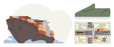 Konteynırları olan kargo gemisi, nakliye güzergahlarını gösteren akıllı şehir haritası ve lojistik sistem akışı. Lojistik, nakliye, akıllı şehir teknolojileri, küresel ticaret, tedarik zinciri, ulaşım için ideal