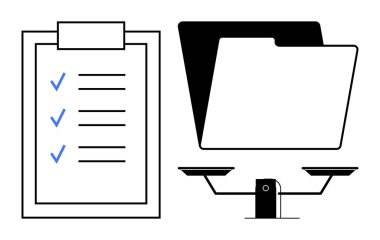 Dizin, mavi işaretli kontrol listesi, görev organizasyonunu gösteren ölçek, bilgi dengesi. Üretkenlik, proje planlaması, ofis iş akışı, kurumsal stratejiler, iş hayatı dengesi için ideal