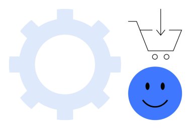 E-ticaret konsepti. Alışveriş arabası, otomasyon teçhizatı sembolü ve mutlu bir yüzle işaretlenmiş bir e-ticaret. Perakende, teknoloji, tüketici etkileşimi ve çevrimiçi işlemler için e-ticaret