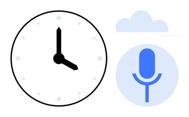Klasik saat, mavi mikrofon ve bulut şeklinin yanında, zamanı, iletişimi ve bulut verilerini temsil ediyor. Üretkenlik, ses notları, dijital hizmetler, teslim tarihleri, depolama, verimlilik için ideal