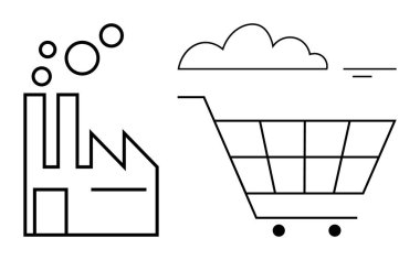 E-ticaret konsepti. Fabrika imalatının simgeleri ve online alışveriş arabası. E-ticaret, imalat ve perakende sektörünü birbirine bağlar. İş, tedarik zinciri, ticaret, lojistik ve yenilik için