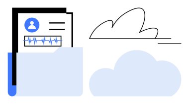 İçinde dalga biçimi, profil simgesi ve bulut sembolü olan bir dosya. Veri gizliliği, dijital depolama, bulut bilgisayarı, sağlık hizmetleri yönetimi, belge paylaşımı, basit daire veritabanı için ideal