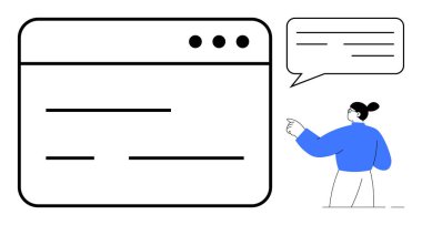 Metin tutucuları olan tarayıcı penceresi ve rehberliği, etkileşimi ve bilgi paylaşımını sembolize eden bir kadının yanında bir konuşma balonu. İletişim, teknoloji, eğitim ve UX için ideal