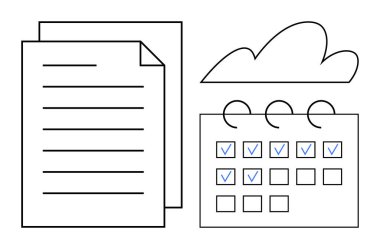 Belgeler, görev tamamlama işaretli bir kontrol listesi takvimi ve organizasyonu, verimliliği ve veri yönetimini vurgulayan bir bulut sembolü. Planlama, zamanlama, iş akışı, bulut depolama için ideal