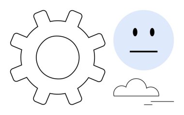 Geniş teçhizat, minimal nötr yüz, çizgileri olan bulut mekaniği, dengeyi ve tarafsızlığı vurguluyor. Teknoloji, endüstri, basitlik, duygular otomasyon minimalist kavramları için idealdir.