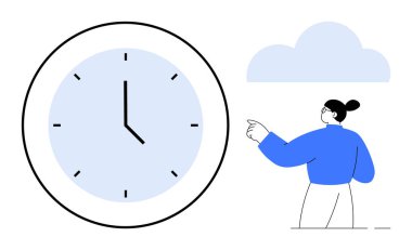 Mavili bir kişinin yanında bir buluta bakan zamanı gösteren büyük saat zaman yönetimi, gözlem, üretkenlik, yansıma, karar verme, planlama, farkındalığı sembolize ediyor. Basit bir daire.