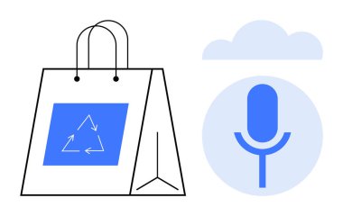 İçinde geri dönüşüm logosu ve ses kayıt mikrofonunun bulunduğu yeniden kullanılabilir bir alışveriş çantası. Sürdürülebilirlik, ambalaj, teknoloji, iletişim, ekolojik bilinçli yaşam tarzı, yenilenebilirlik için ideal