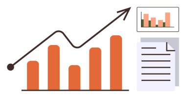 Yukarı doğru eğilimli bar tablosu, rapor belgeleri ve ekranda küçük bir çizelge. Büyüme, analiz, istatistik, iş ilerlemesi, sunumlar finansman planlaması için idealdir. Basit düz metafor