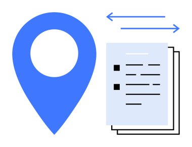 Değiş tokuş ya da transfer olduğunu gösteren oklar ve dokümanlar yanında mavi konum işaretleyicisi. Navigasyon, bilgi paylaşımı, lojistik, belge yönetimi, iletişim, iş planlaması için ideal