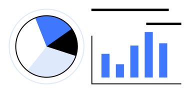 Pasta grafiği ve çubuk grafik veri bölümlerini ve büyüme eğilimi analizini gösteriyor. Veri görselleştirme, analitik, iş performansı, eğitim, istatistik, sunum, pazarlama stratejisi için ideal