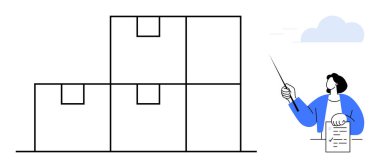 Liste tutan ve ileri bakan birinin yanına istiflenmiş karton kutular. Tedarik zinciri, envanter kontrolü, depolama, nakliye, lojistik, dağıtım için ideal, basit düz metafor