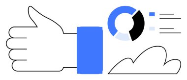 Onay, analitik ve verimliliği sembolize eden bir pasta grafiği ve hızlı giden çizgilerin yanında baş parmak izi var. Başarı iletişimi, veri analizi, üretkenlik, takım çalışması, iş stratejisi, hızlı