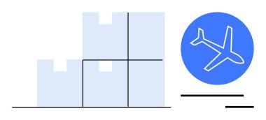 Mavi bir uçak ikonunun yanına istiflenmiş paketler hava kargosunu, ulaşımı, teslimatı, nakliyatı gösteriyor. Lojistik, e-ticaret, tedarik zinciri ve küresel ticaret ihracatı için ideal. Basit düz