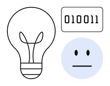 Ampul fikri, teknoloji ya da programlama için ikili kod, duyguları ya da yapay zekayı yansıtan tarafsız yüz. Yaratıcılık, yenilik, kodlama, yapay zeka, duygu analizi, problem çözen basit daire için idealdir.