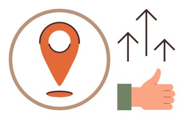 Çemberin içinde konum işareti, yukarı doğru üç ok ve baş parmak işareti. Navigasyon, ilerleme, onay, iş büyümesi, üretkenlik başarısı olumlu geri bildirim için ideal. Basit düz