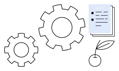 Büyük ve küçük vitesler dokümanlar ve filizlenen bir yaprak verimliliği, yeniliği ve sürdürülebilirliği akla getiriyor. Takım çalışması, büyüme, çevre dostu uygulamalar, iş ve planlama için ideal