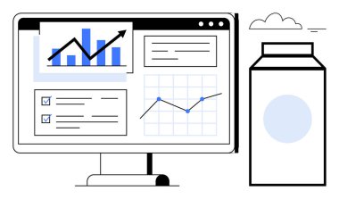 Grafik ve grafiklerdeki veri analizleri dijital bir gösterge panelinde. Eğilimleri, performansı ve ölçümleri izlemek için veri analiz araçları. İş, finans, araştırma ve üretkenlik için veri analizleri