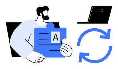 Belge şeklinde yapboz parçaları tutan adam, süreci gösteren dairesel oklar ve dijital iş akışını simgeleyen dizüstü bilgisayar. İşbirliği, veri alışverişi, otomasyon, iş akışı, takım çalışması için ideal